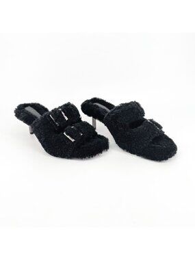 Amina Muaddi Millie Black Shearling Buckle Mule Slippers Heels Size 39.5 US 9.5